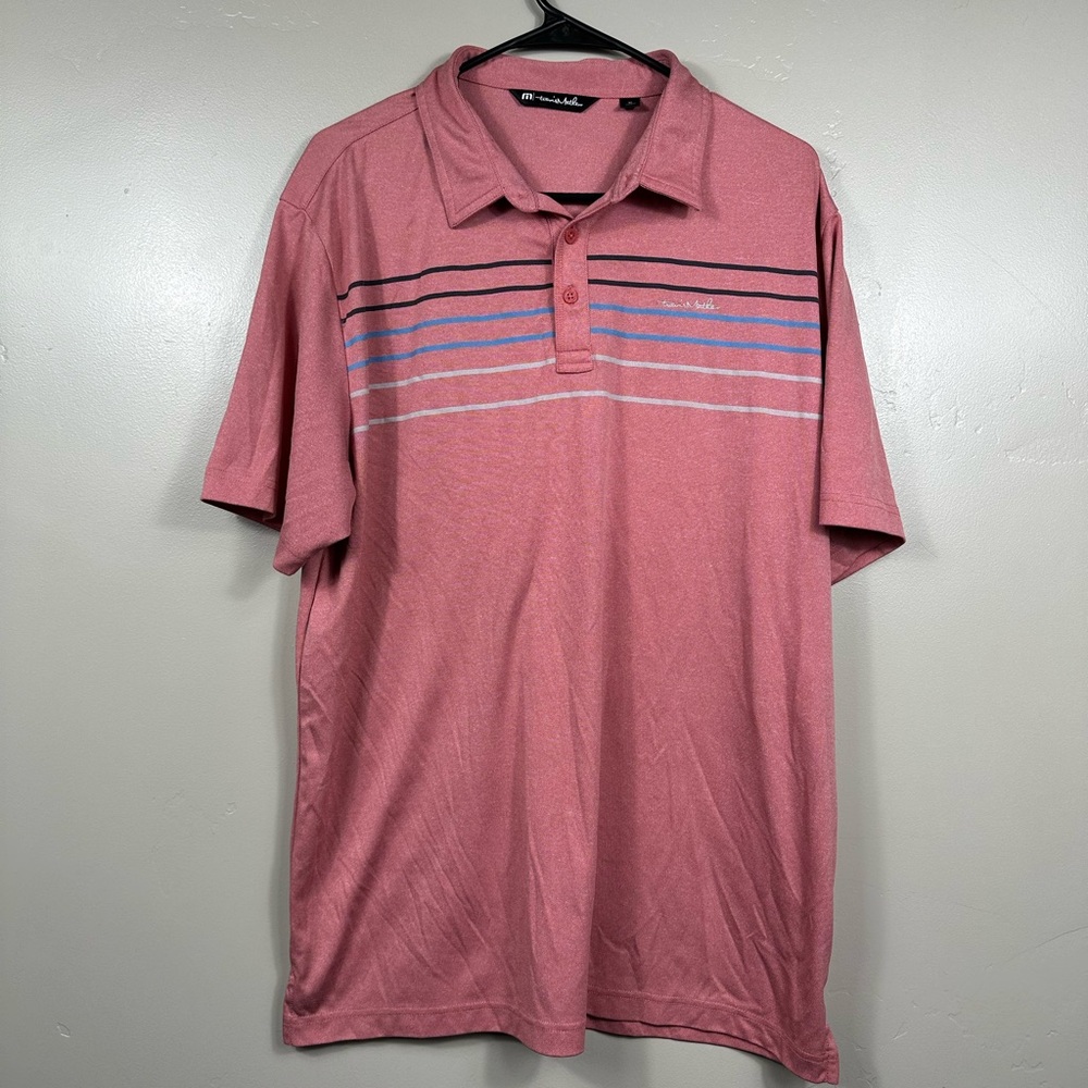 Travis Mathew zmen’s Striped Short Sleeve Polo Shirt Salmon Pink Size XL